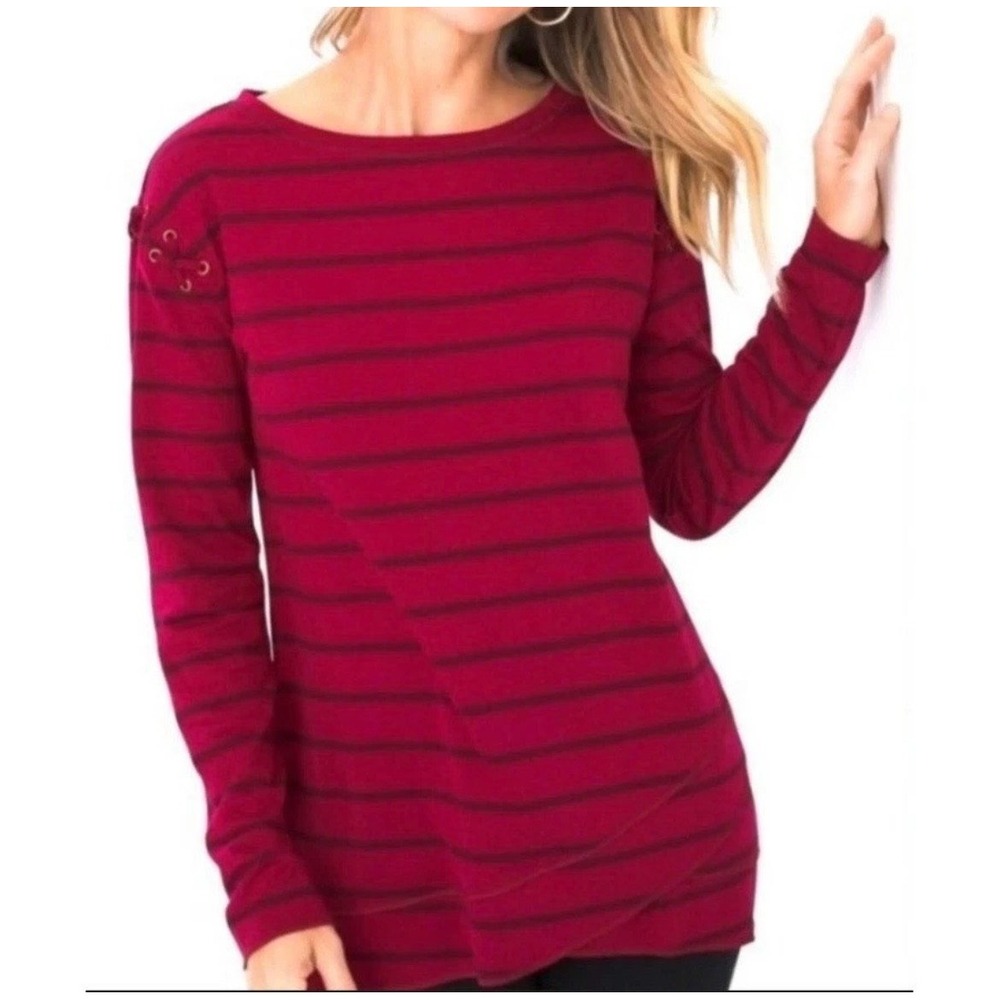 Chicos Zenergy Womens Size 3 Red Striped Lace Up Shoulder Tunic Top 16/18 XL